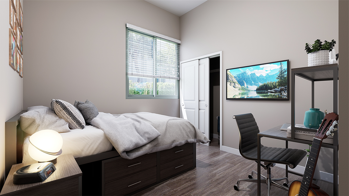 Furnished bedroom with a large window