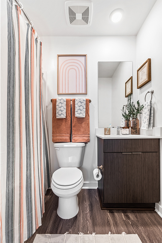 Furnished bathroom with coral decor