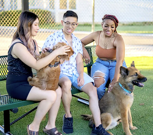 residents on a bench at dog park